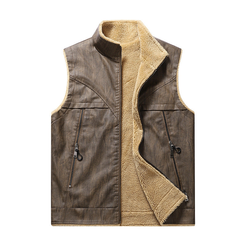 Herr Sleeveless Konstläder Teddy Väst med Ståkrage och Dragkedjefickor