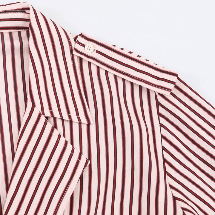 Dam Randig Kort Blouson Jacka med Notched Krage, Lock Fickor och Elastic Nederkant