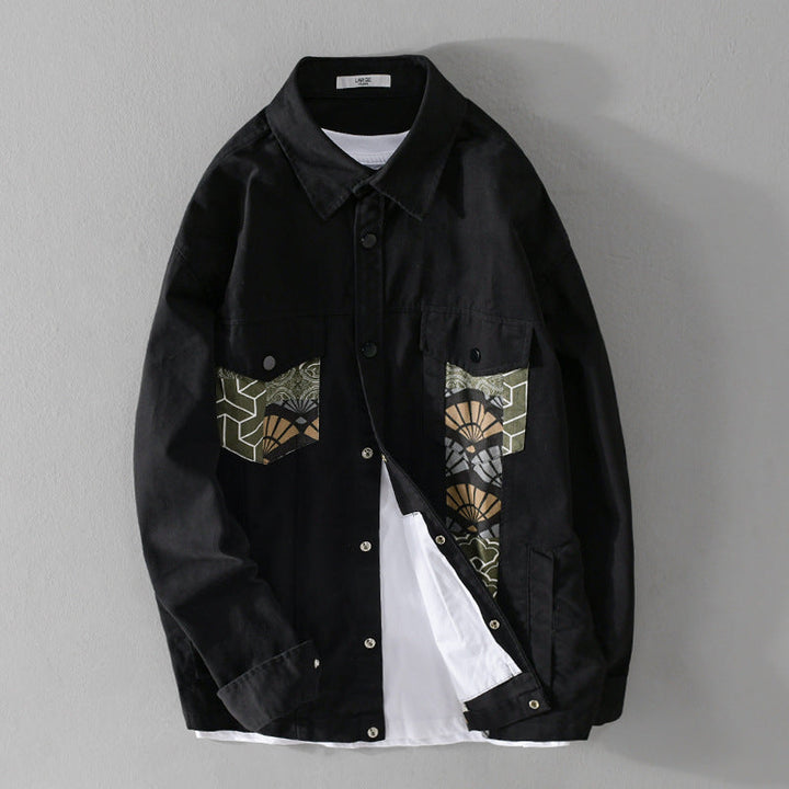 Herr Lätt Canvas Overshirt i Worker Stil med Japanese Mönster Utanpå och Tryckknapp Knapp Slå