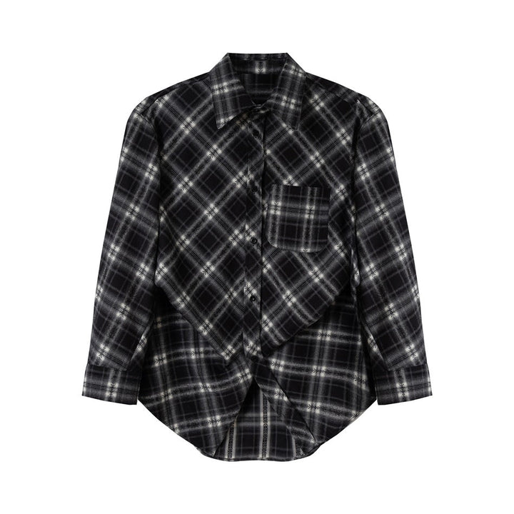 Unisex Rutig Oversized Flanell Skjorta Jacka i Layering Look med Rounded Fåll och Bröstficka