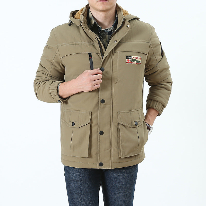 Herr Vindtät med Huva Parka med Teddy Foder, Multiple Fickor och Lapp Detaljer