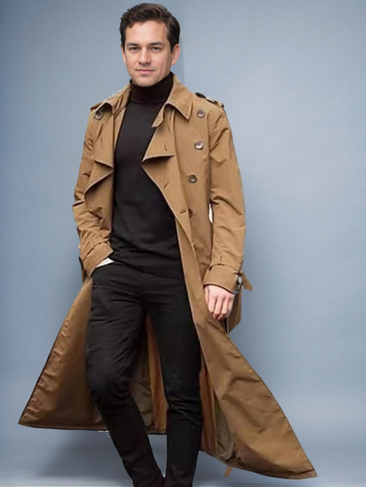 Herr Vattenavvisande Long Trenchcoat med Dubbel Knapplist, Axel Epaulettes, och Justerbar Midja Belt
