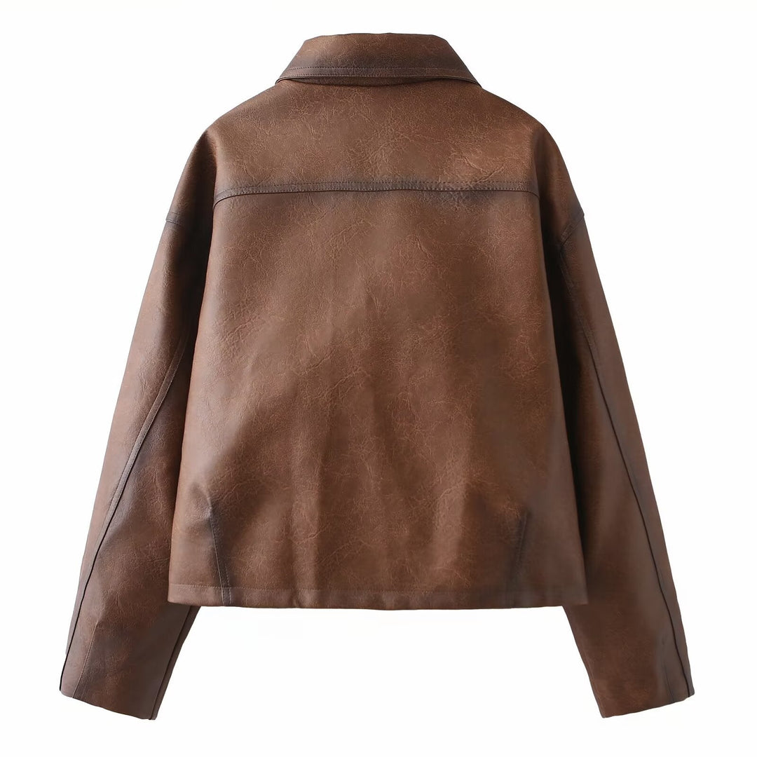 Dam Kort Oversized Konstläder Jacka med Skjortkrage och Lockfickor