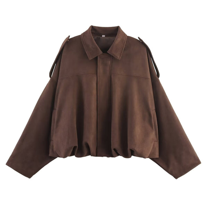 Dam oversize kort jacka in mocka look med skärning-Out Shoulders och fåll med dragsko