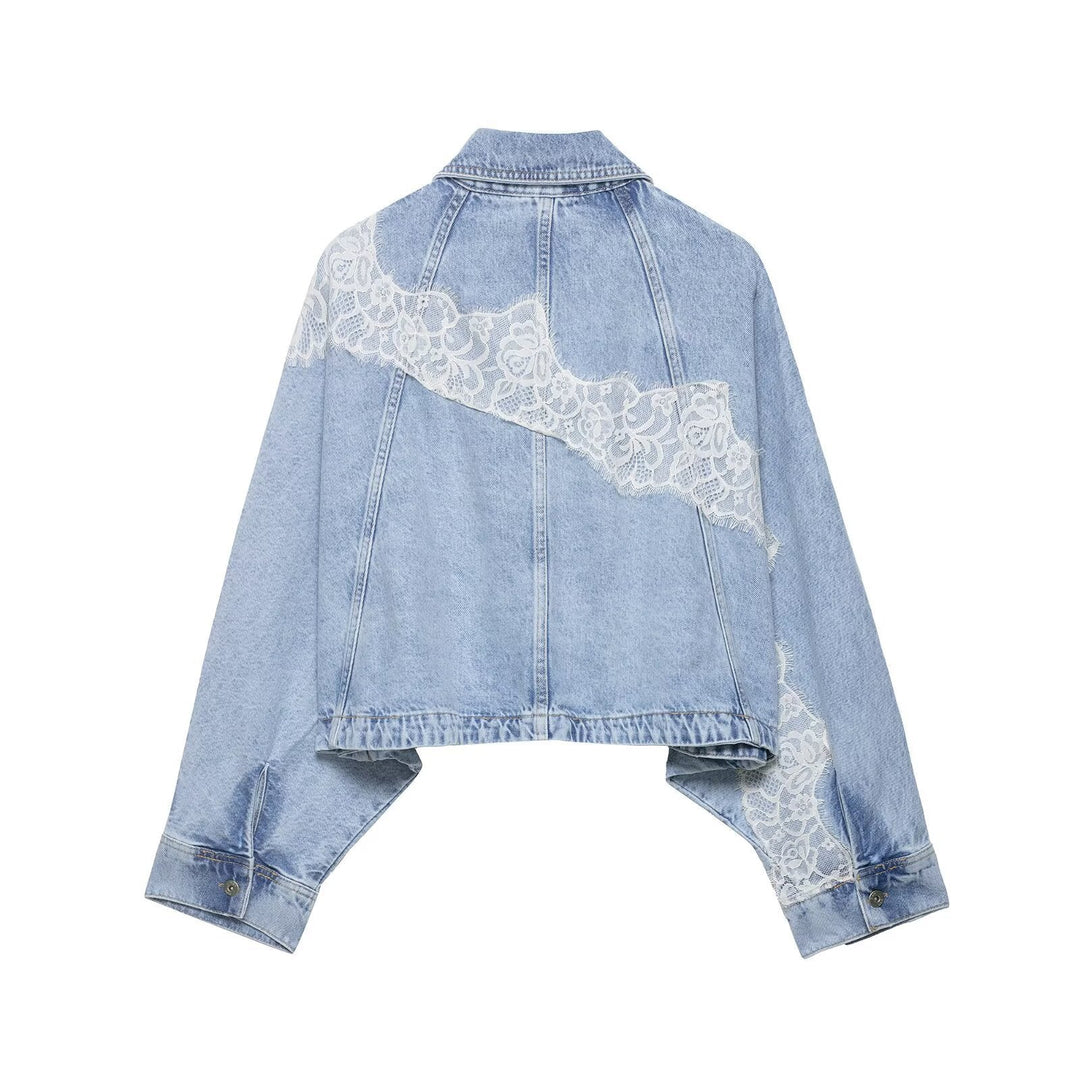 Dam Kort Skärning Oversize Denimjacka med Lace Detail och Batwing Ärmar