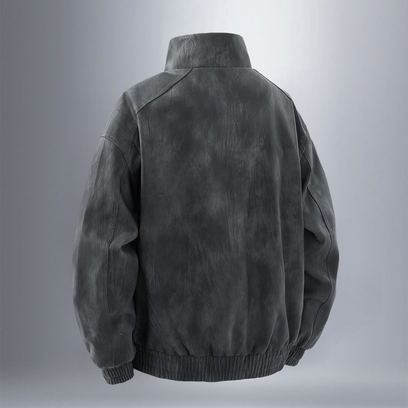 Herr Funktion Harrington Jacka i Läder Look med Flera Fickor och Elastisk Fåll