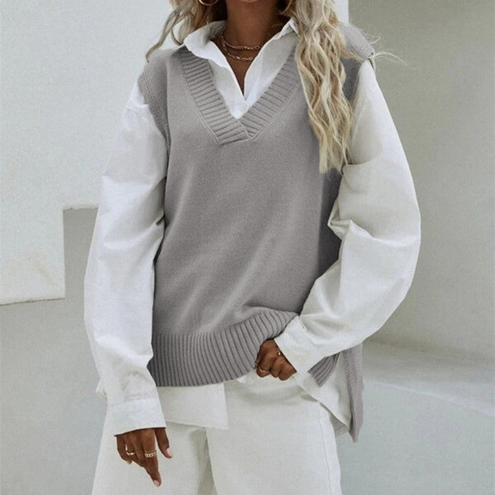 Dam Sleeveless stickad väst med V-Neck och Side Slits