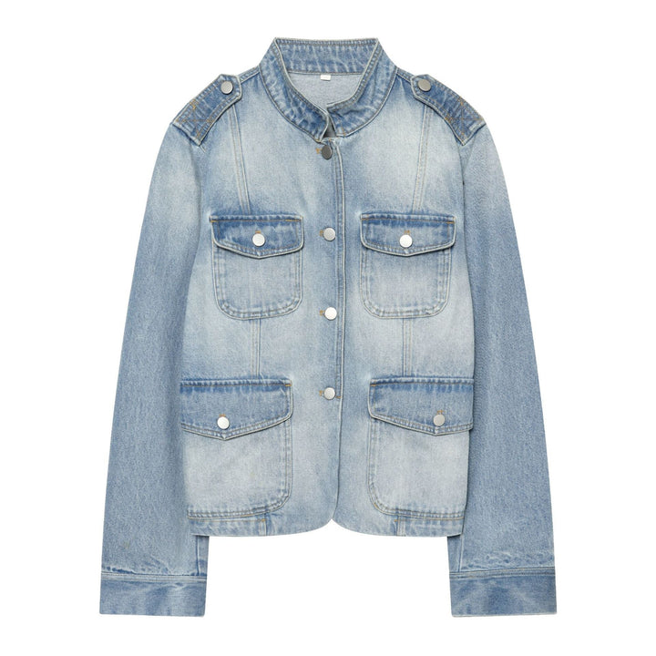 Dam Kort Denimjacka i Utility Look med Shoulder Pads och Lock Fickor