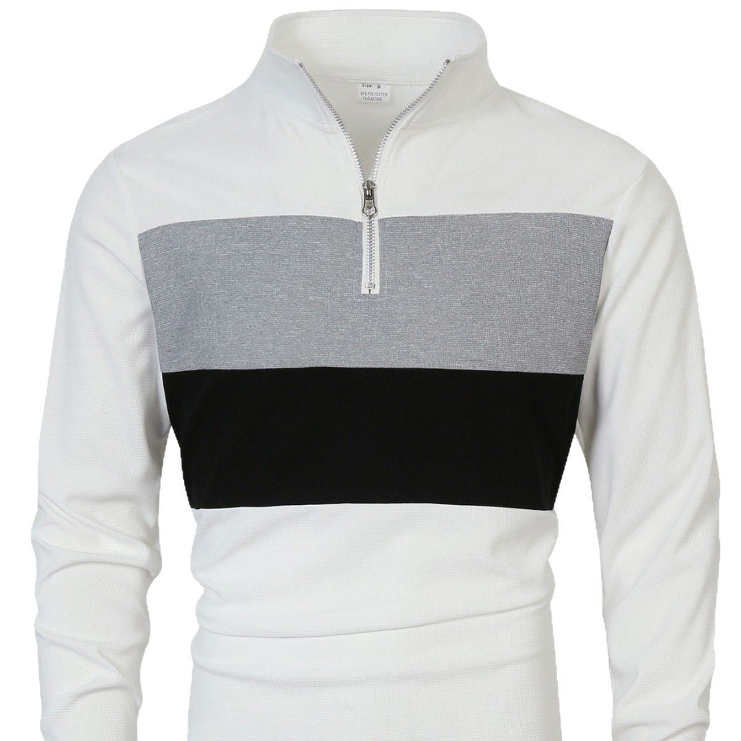 Herr Halv Dragkedja Pullover med Ståkrage, Bred Block Rand, och Finely Ribbad Texture