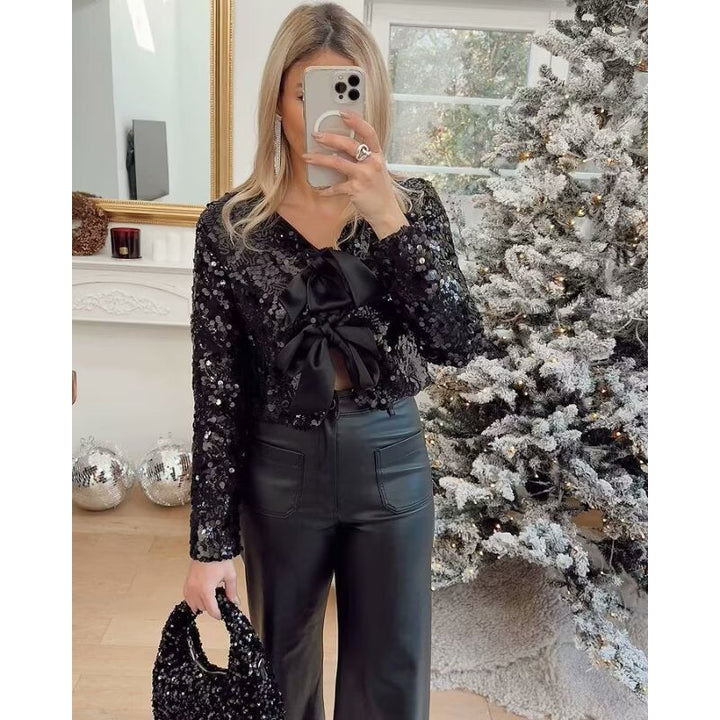 Dam kort skärning Sequin Bolero jacka med Triple Satin Bows och Lined Interior