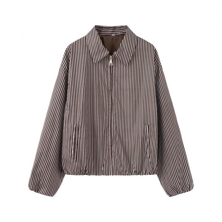 Dam Lätt Randig Kort Jacka i Blouson Stil med Skjort Krage och Elastic Nederkant