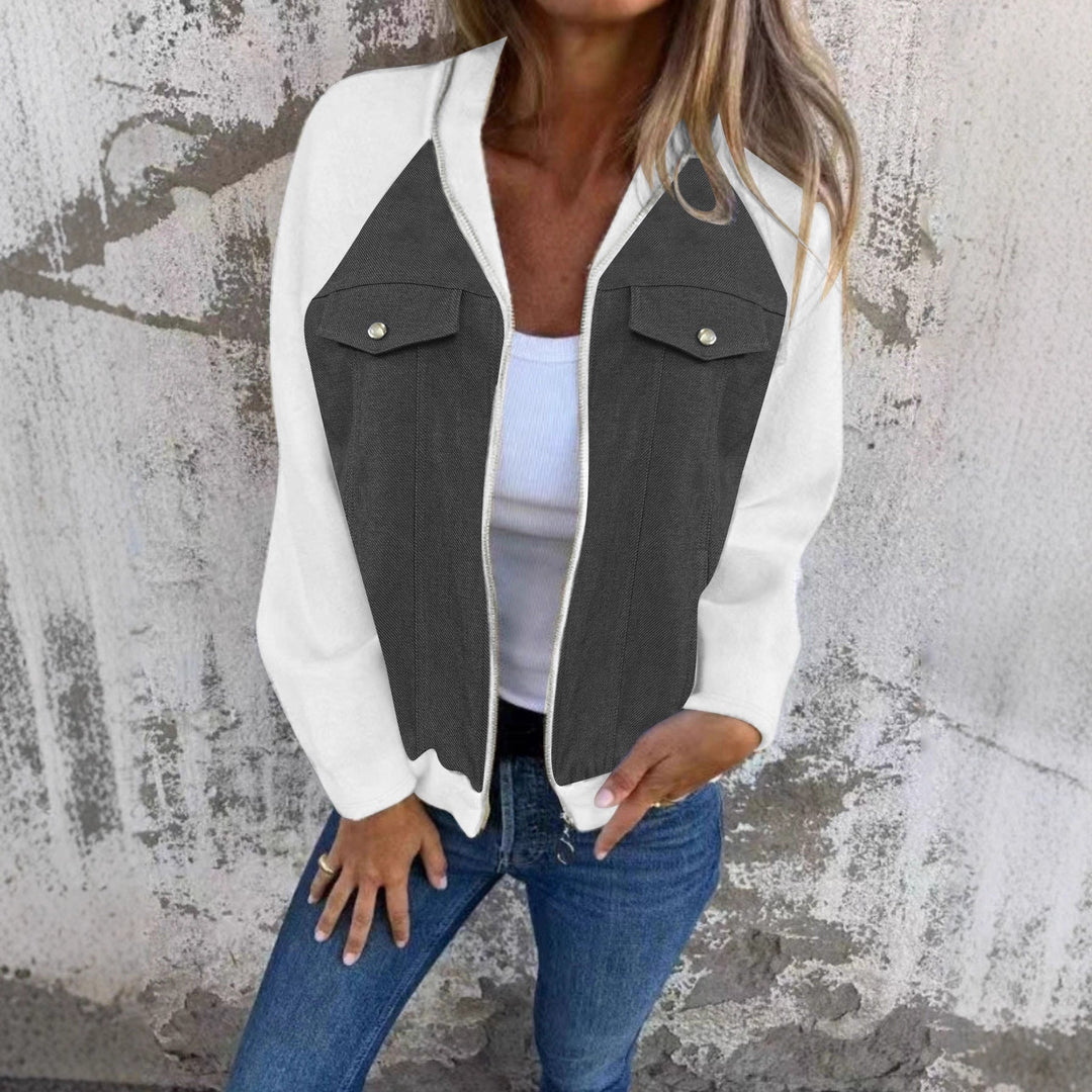 Dam denim mix blousonjacka med dragkedja och bröstfickor