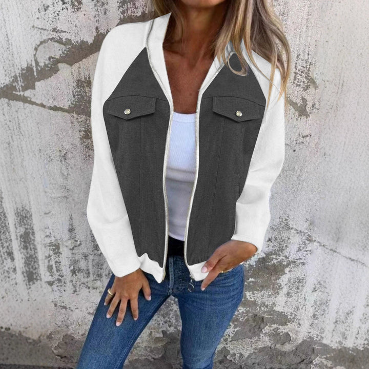 Dam denim mix blousonjacka med dragkedja och bröstfickor