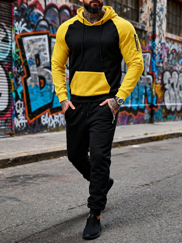 Herr Two-Piece med Huva Sweat Set med Raglanärmar, Ärm Dragkedja Ficka, och Tapered Jogging Byxor