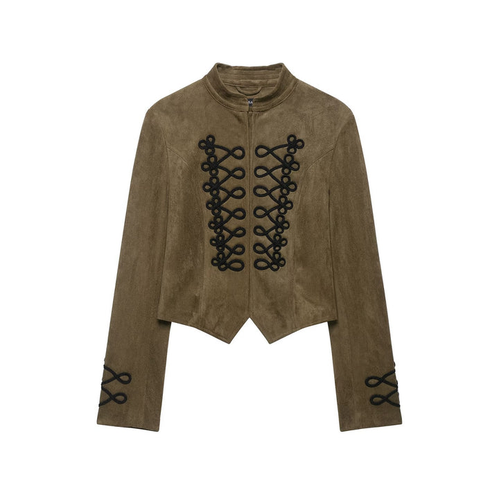 Dam Tailored Kort Suede Blouson med Military Cord Application och Stå Krage