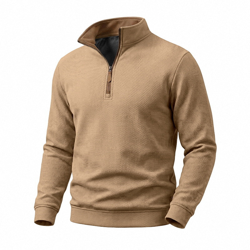Herr Halv Dragkedja Pullover med Waffle Texture och Contrast Krage