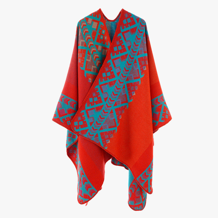 Dam capeponcho i woven ethnic jacquard tillverkad av ullblandning med zigzag fåll edge
