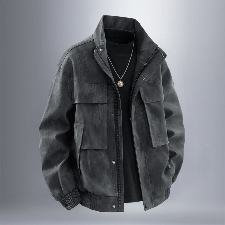 Herr Funktion Harrington Jacka i Läder Look med Flera Fickor och Elastisk Fåll