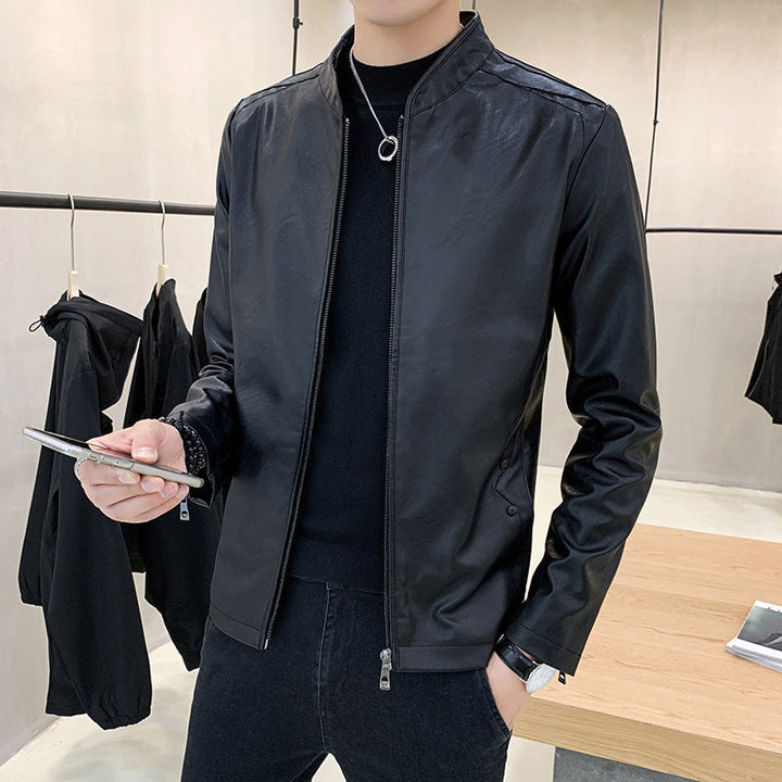 Herr Smal Synthetic Läder Blouson med Standing Krage och Tvåvägsdragkedja