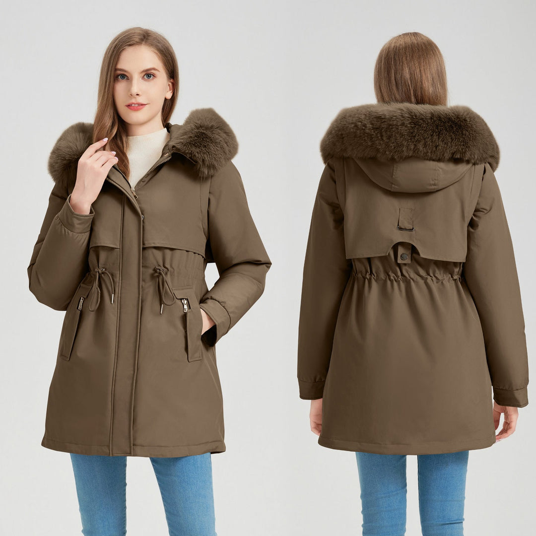 Dam funktionell parka med Avtagbar Fusk Päls Krage och Midja Drawstring