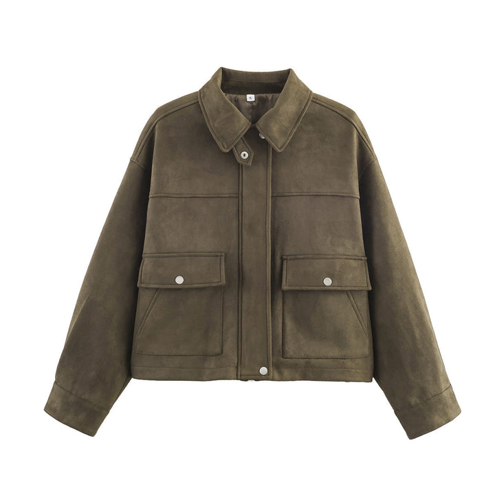 Dam boxy velour-look utility jacka med flap fickor och snap knäppning