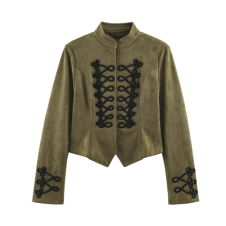 Dam Tailored Kort Military Jacka Tillverkad av Suede Imitation med Stå Krage och Dekorativ Kant Cords