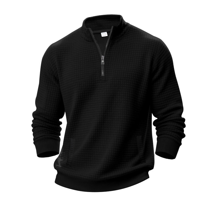 Herr Waffle Texture Halv Dragkedja Pullover med Ståkrage och Subtle Sidofickor