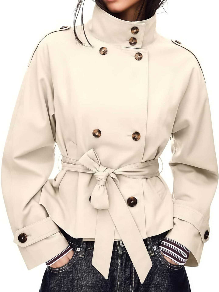 Dam Kort Trenchcoat med Dubbel-Breasted, Midjebälte och Ståkrage