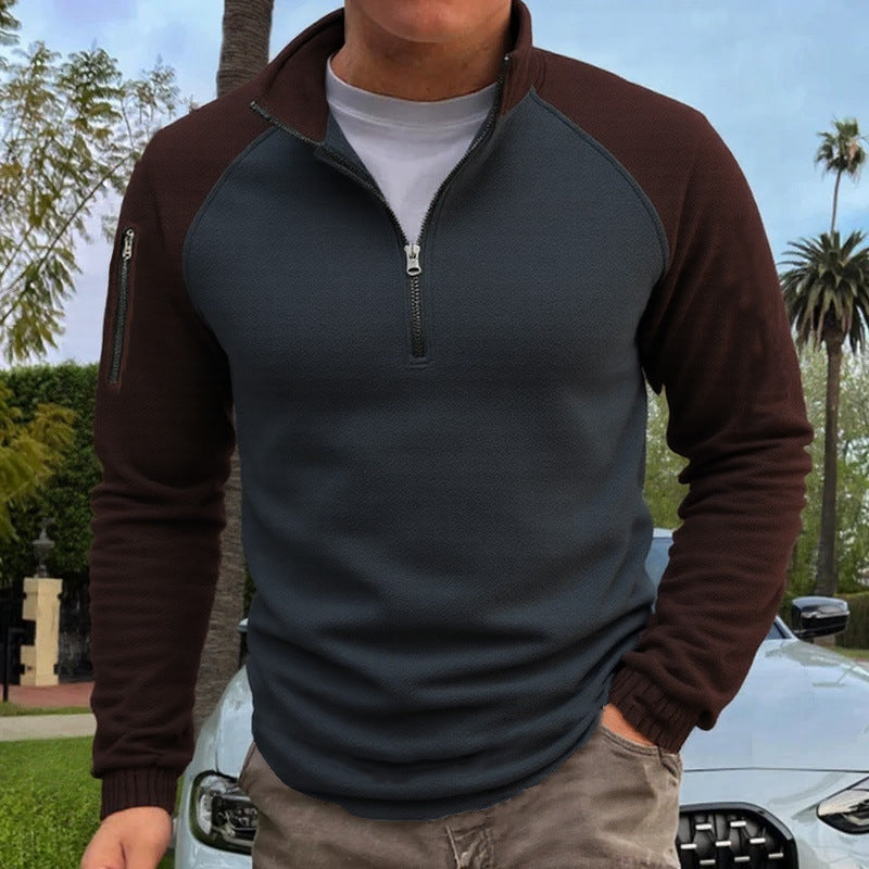 Herr Smal Passform Halv Dragkedja Pullover med Raglanärmar, Waffle Texture, och Ärm Ficka