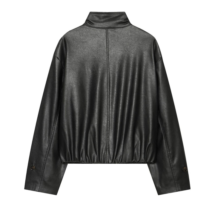 Dam Kort Faux Läder Blouson Jacka med Funnel Neck, Epaulettes och Elastic Nederkant