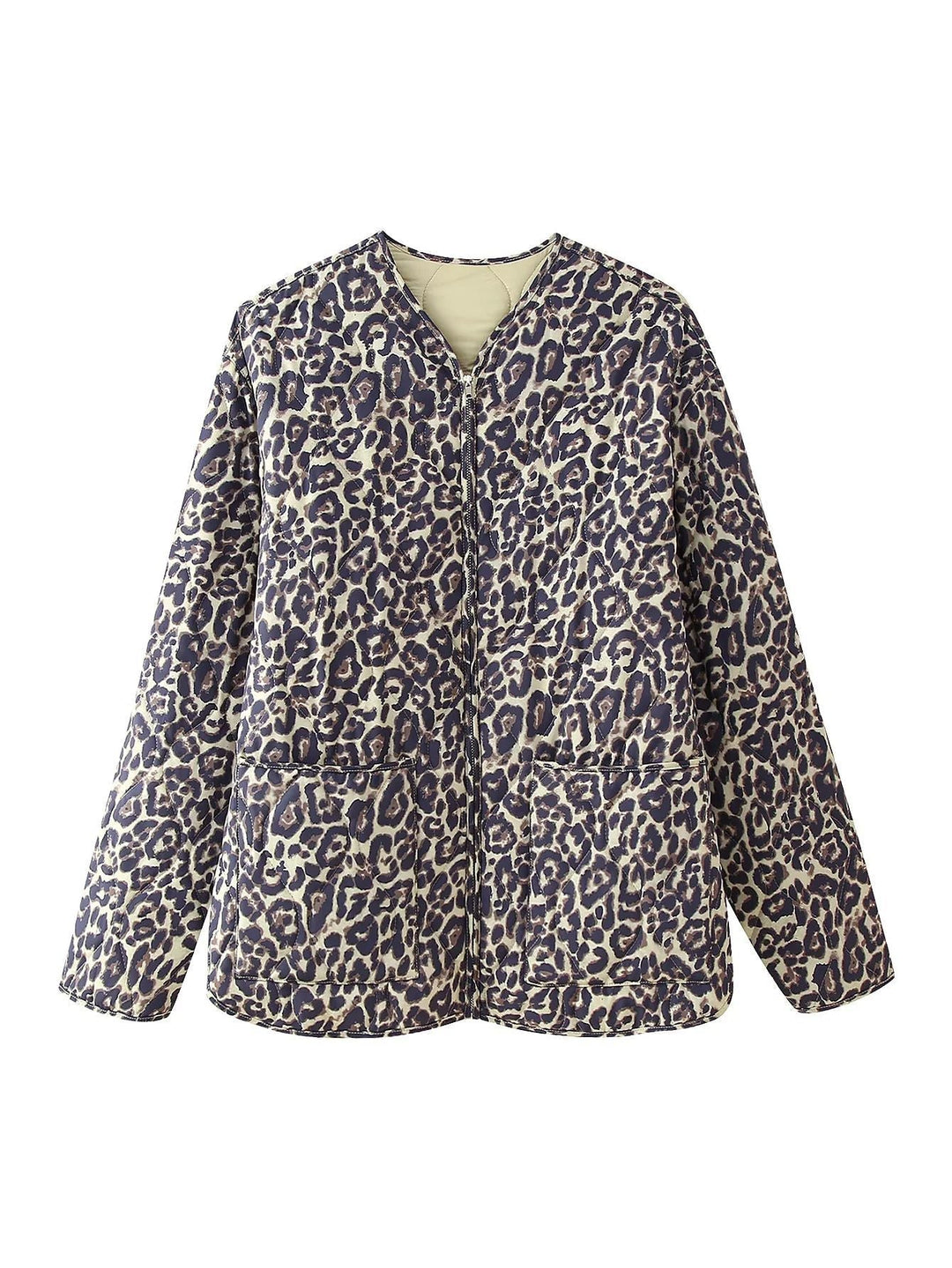 Dam quiltad oversized vadderad jacka med alla-över leopardprint, hel dragkedja och påsydda fickor