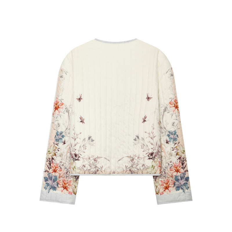 Dam quiltad flower kofta jacka med rund hals, light vaddering och continuous press stud placket