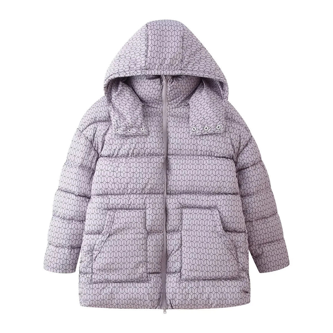 Dam non-quiltad hooded jacka med graphic quiltad mönster, two-way dragkedja och oversized fickor