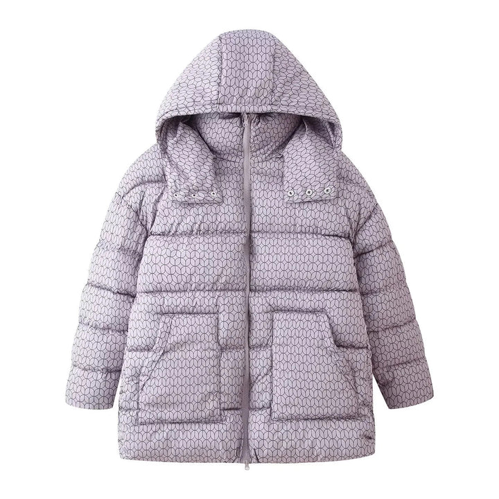 Dam non-quiltad hooded jacka med graphic quiltad mönster, two-way dragkedja och oversized fickor
