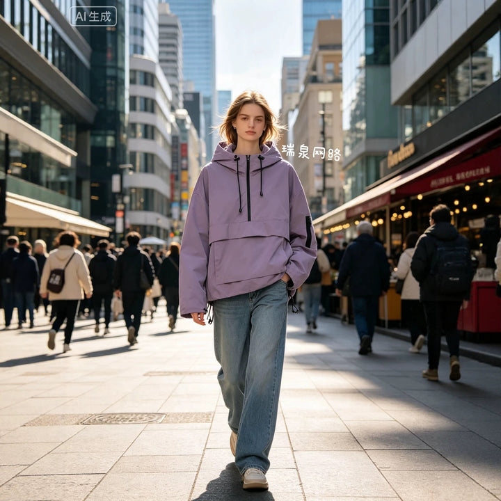 Dam vattentät oversize Anorak med huva, Half dragkedja och Kangaroo ficka