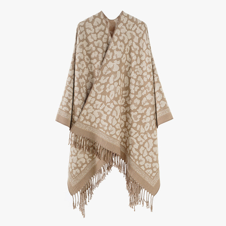 Dam Jacquard poncho med Leopard mönster, Fringes och Open oversized skärning