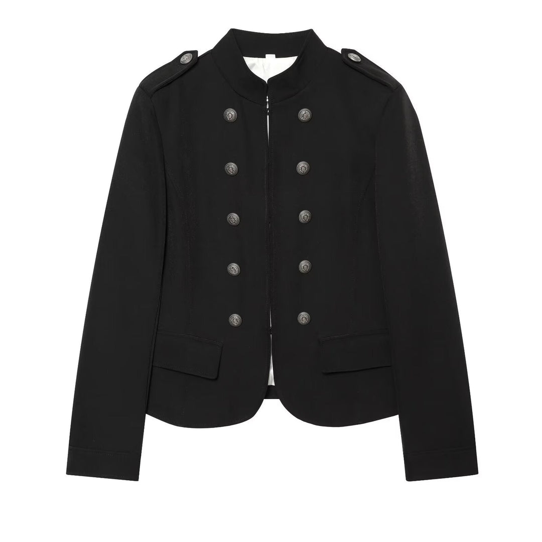 Dam Military Inspired Double Breasted Kort Jacka med Stå Krage och Epaulettes