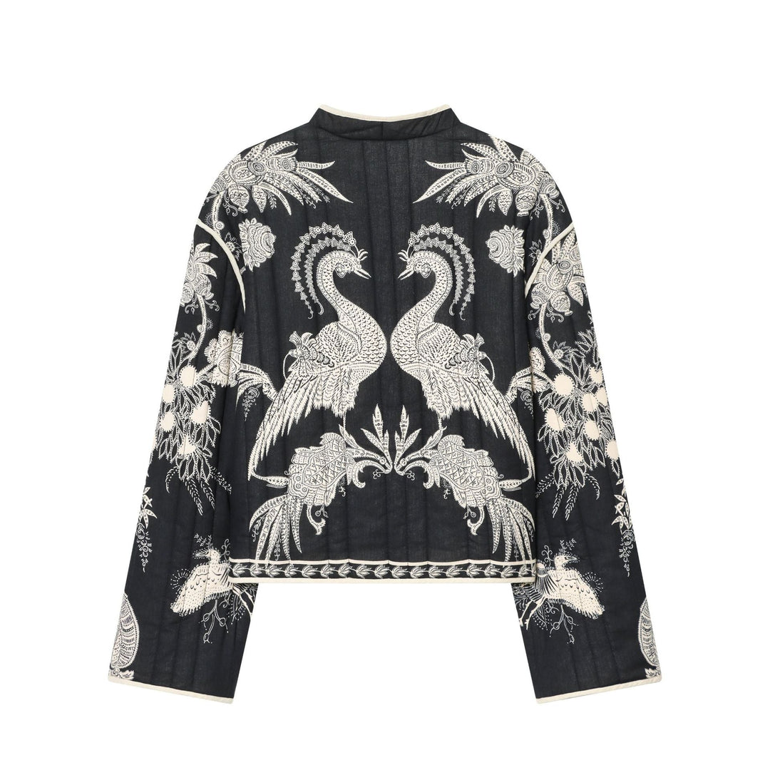 Dam kimono-stil quiltad jacka med floral embroidery och kontrast piping