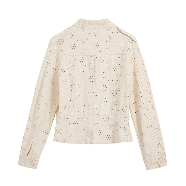 Dam Kort Skärning Broderie-Anglaise Fältjacka med Lock Fickor