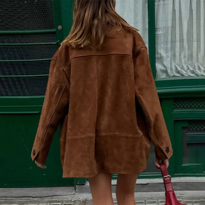 Dam 100+ Oversize Suede Look Blouson Jacka med Patch Fickor och Knapp Knäppning