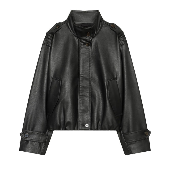 Dam Kort Faux Läder Blouson Jacka med Funnel Neck, Epaulettes och Elastic Nederkant