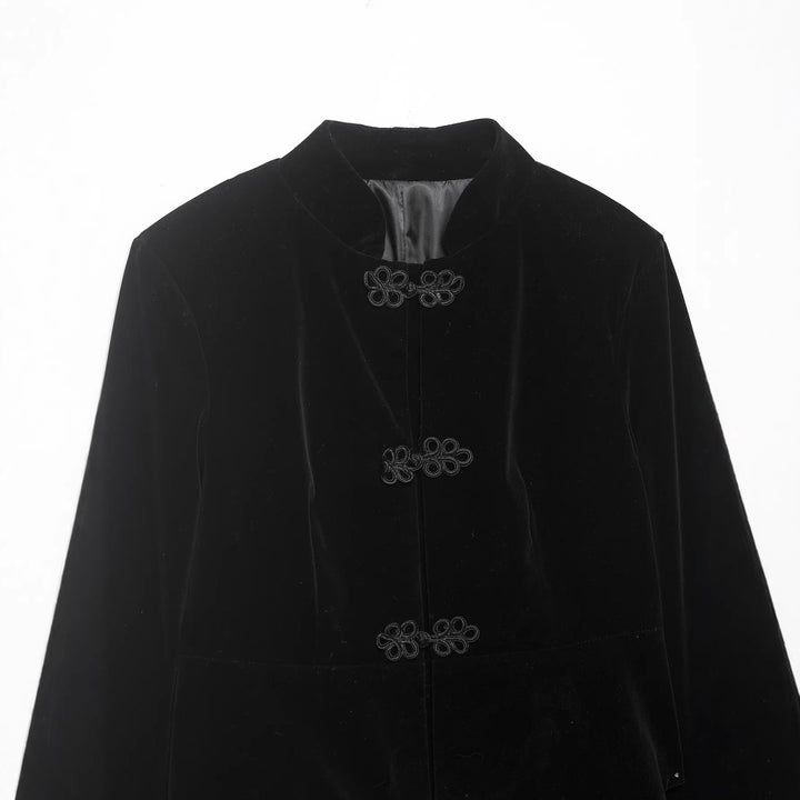 Dam Velvet Bolero med Chinese Stå Krage, Frog Closures och Asymmetrisk Nederkant