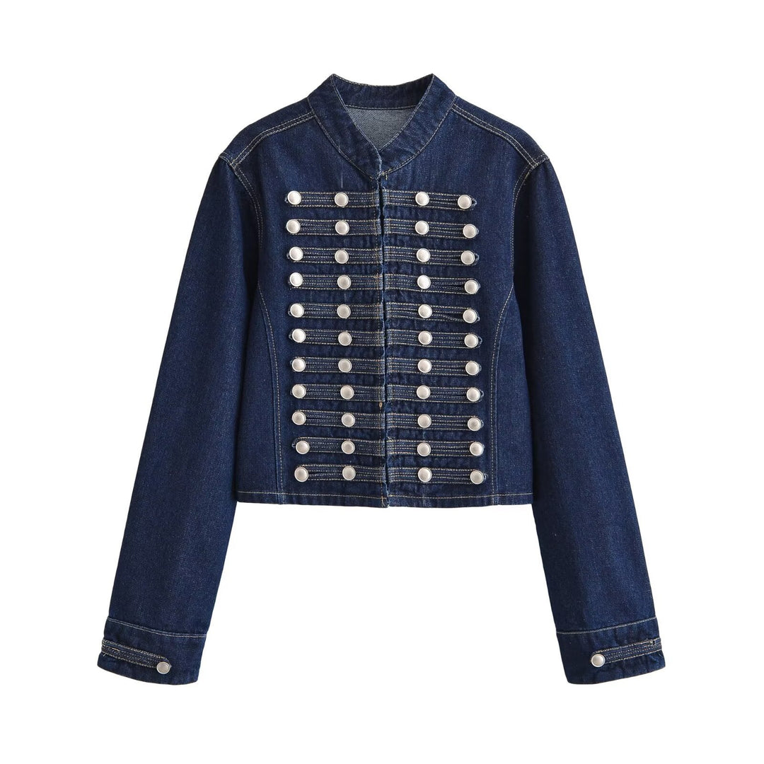 Dam Denimjacka i Military Stil med Stå Krage och Dekorativ Row Tryckknapp Knappar