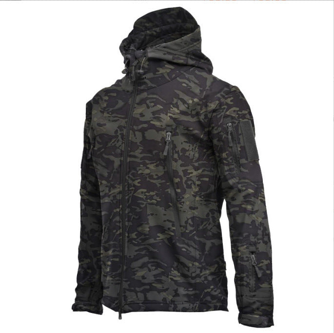 Herr Tactical Softshell Fältjacka med Huva, Multifunction Fickor och Velcro Patch Plats