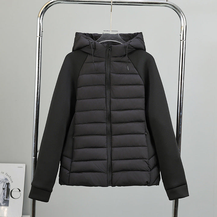 Dam nano kviltad hybrid jacka med huva, softshell ärmar och lätt värmeisolering