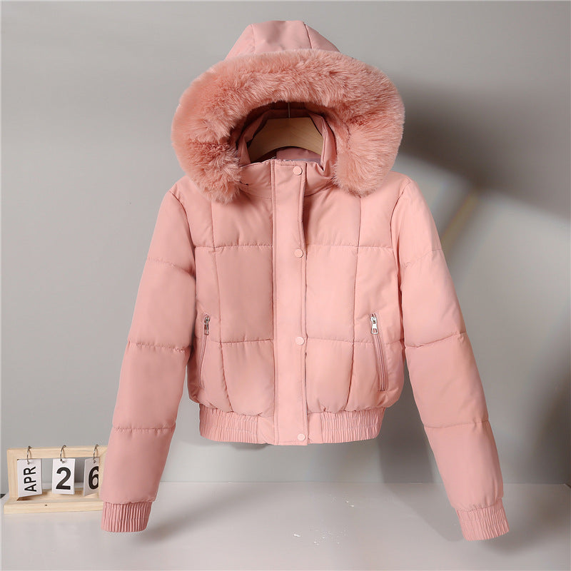 Dam kort isolerande hooded jacka med voluminous pälskrage kant och elastic ribbed fåll