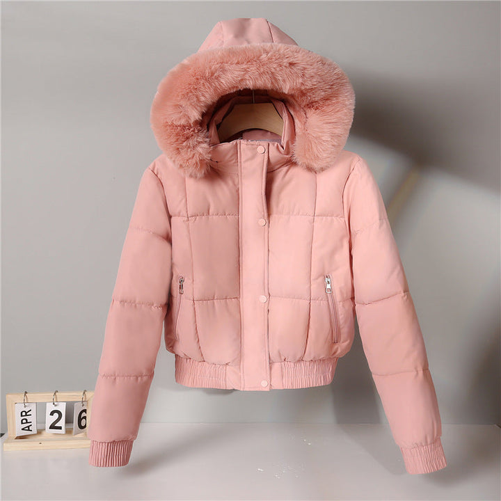 Dam kort isolerande hooded jacka med voluminous pälskrage kant och elastic ribbed fåll
