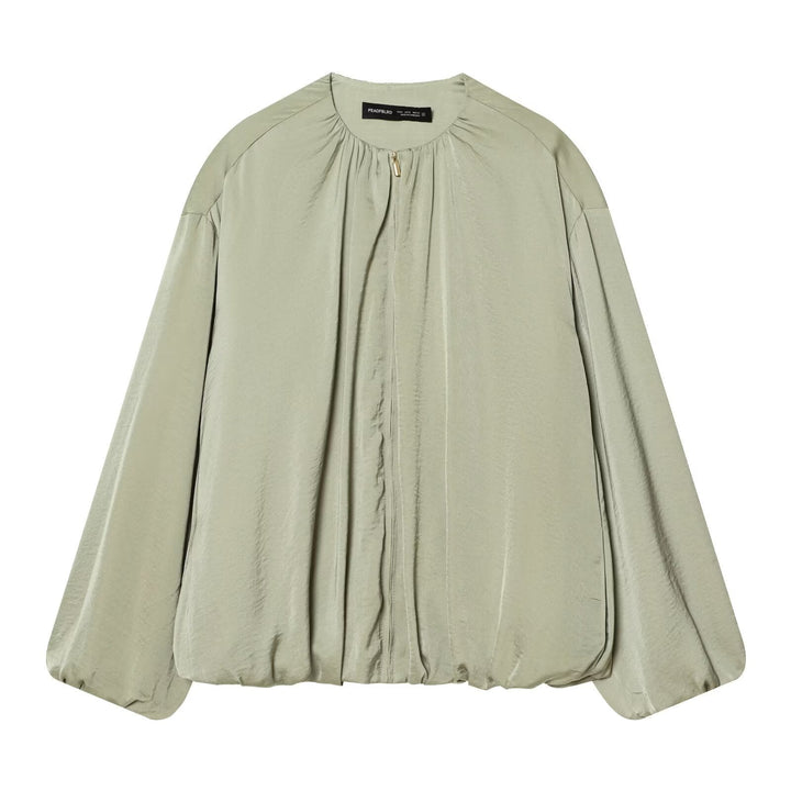 Dam lätt kort Blouson jacka med Round Neck, Balloon ärmar, och fåll med dragsko