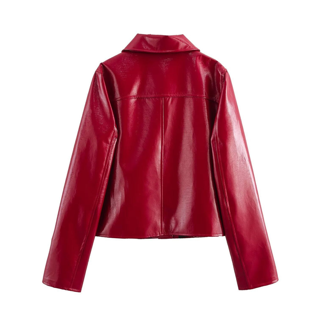 Dam Shiny Konstläder Blouse Jacka i Boxig Skärning med Skjortkrage