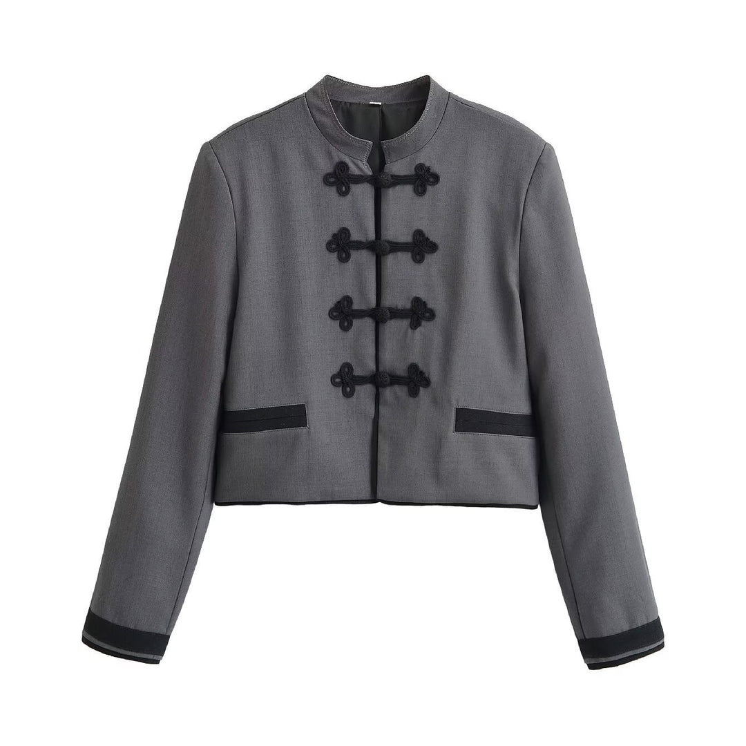 Dam Kort Jacka med Mandarin Krage och Dekorativ Knot Closures
